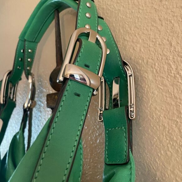 B. Makowsky Green Gorgeous Leather Leppard Print Silver Metal Studs Hobo Bag - Picture 7 of 16